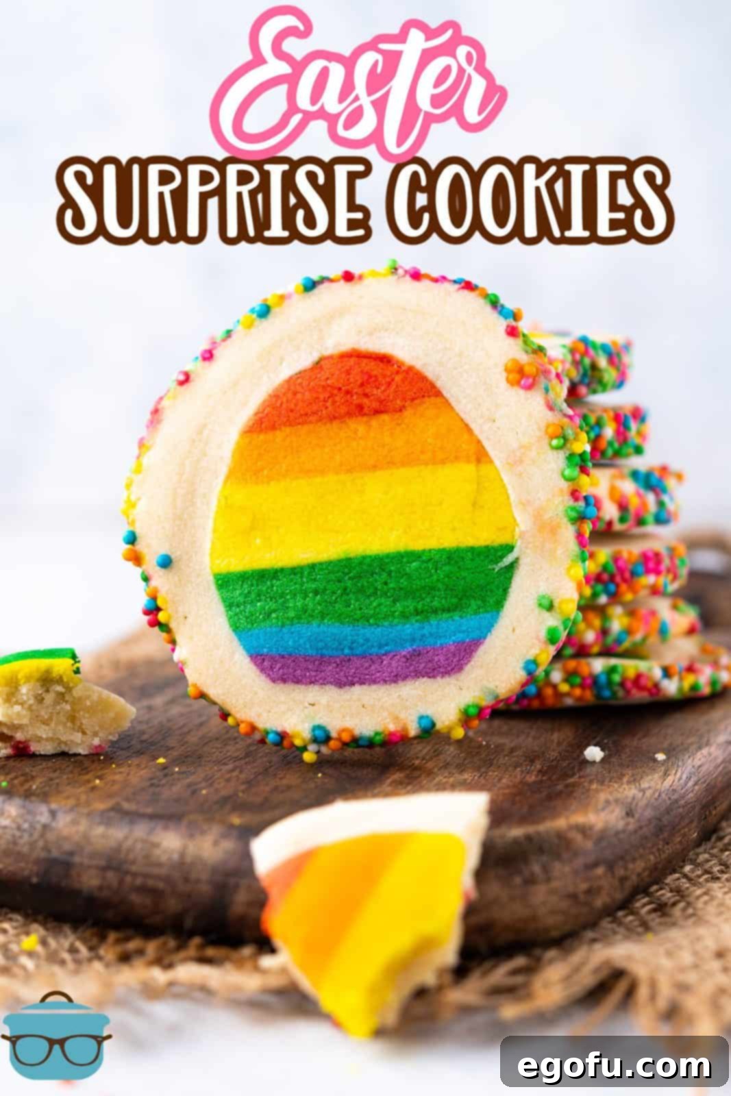 Pinterest image of Easter Surprise Cookies stacked with one propped up against stack showing colorful layers.