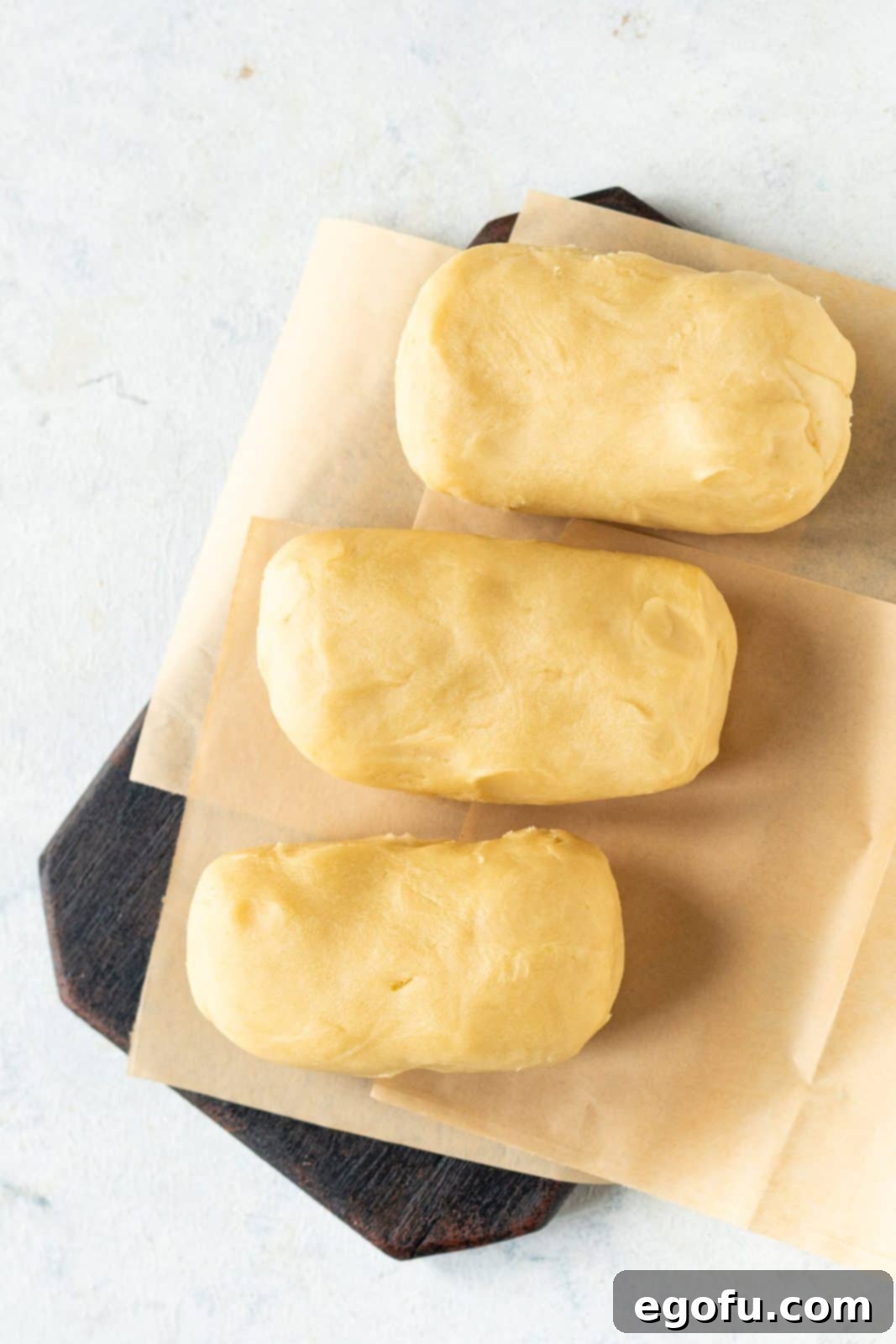 Dough separated into three portions.