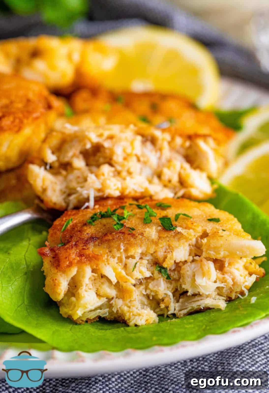 Lowcountry Crab Delights 10 Close up one one Southern Crab Cake broken in half showing the inside.