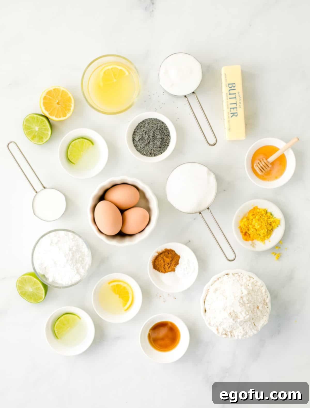 Ingredients needed: all-purpose flour, poppy seeds, baking powder, cinnamon, salt, eggs, granulated sugar, salted butter, plain greek yogurt, milk, lemon juice, lemon zest, honey, lime juice, vanilla extract and powdered sugar.