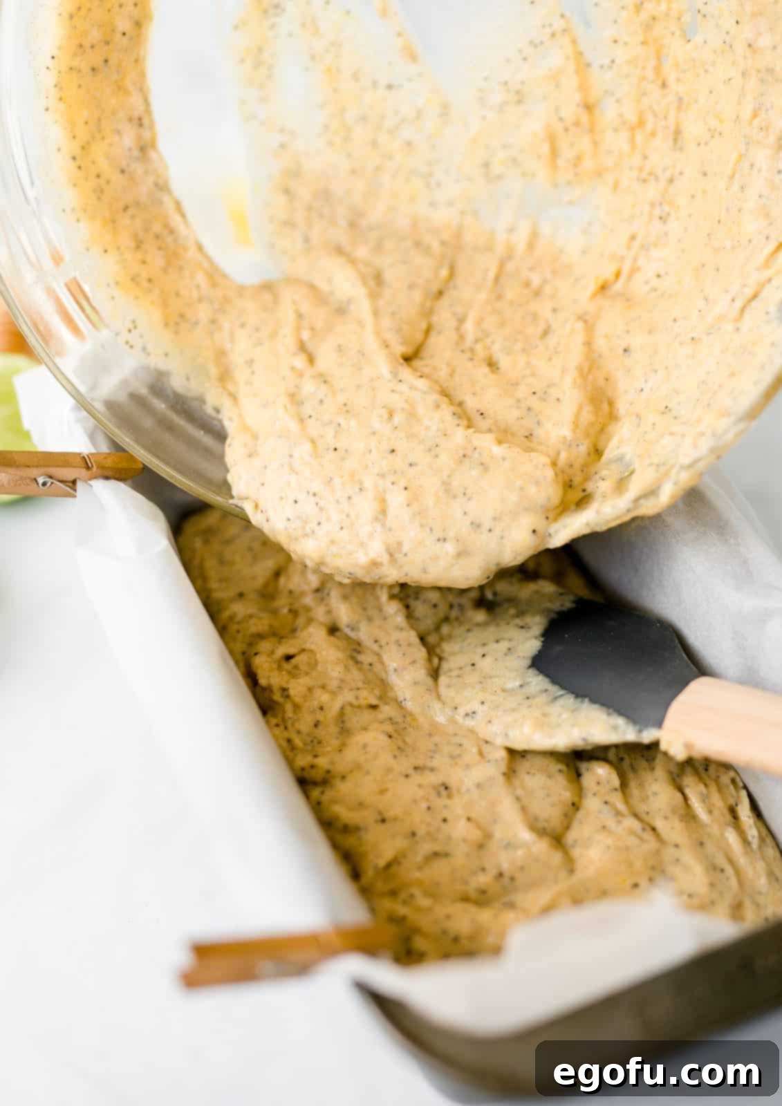 Pour batter into loaf pan.
