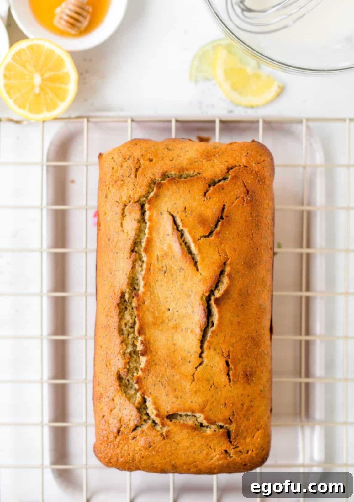 Cooled lemon poppy seed bread on wire rack.