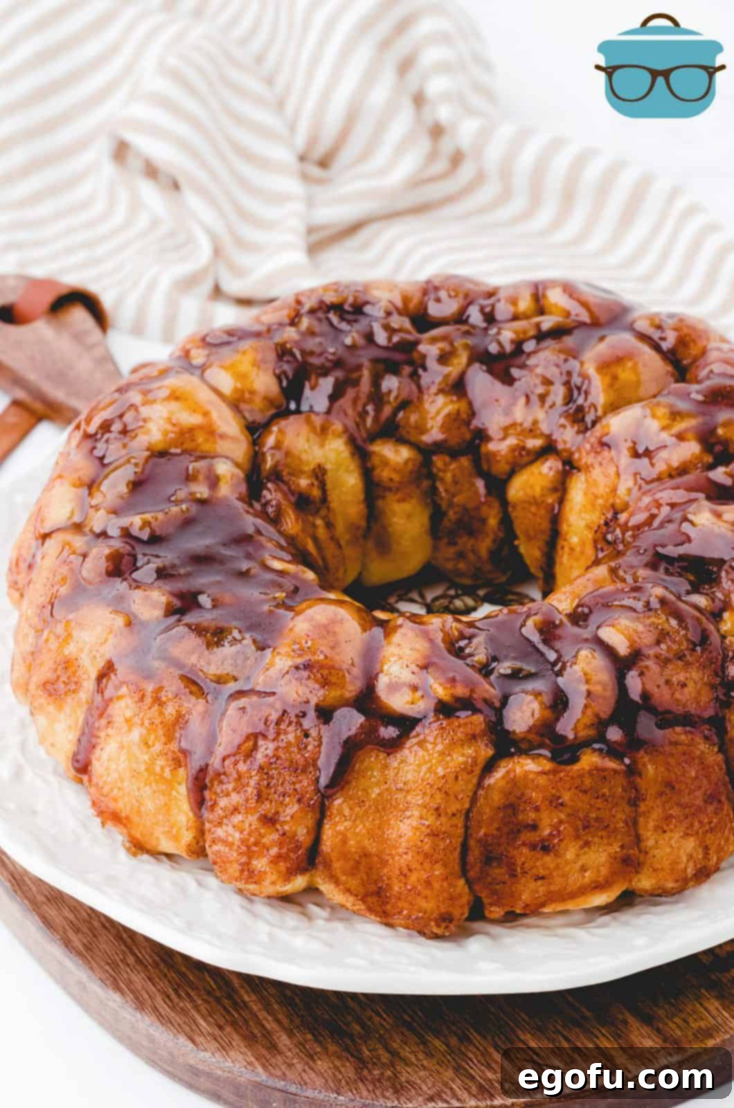 Easy Monkey Bread on platter showing gooey topping.