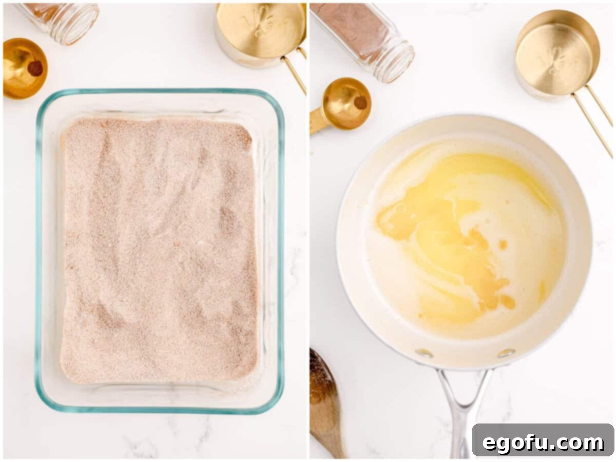 A collage featuring two crucial initial steps: a bowl showing granulated sugar and ground cinnamon perfectly mixed together; a saucepan with water, sugar, salt, and butter melting and coming to a boil on a stovetop.