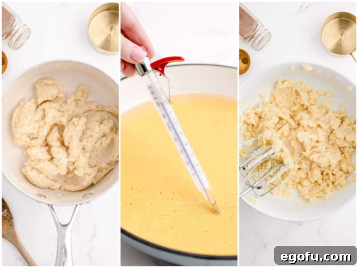 A three-panel collage illustrating dough preparation: flour being mixed into butter-water mixture creating a thick dough; a candy thermometer measuring the temperature of hot oil in a pot; an egg being beaten into the cooled churro dough with a hand mixer.