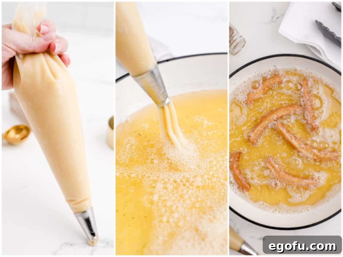 A three-panel collage demonstrating the frying process: churro batter loaded into a piping bag; dough being carefully piped into hot oil; several churro pieces cooking and bubbling in the hot oil until golden.