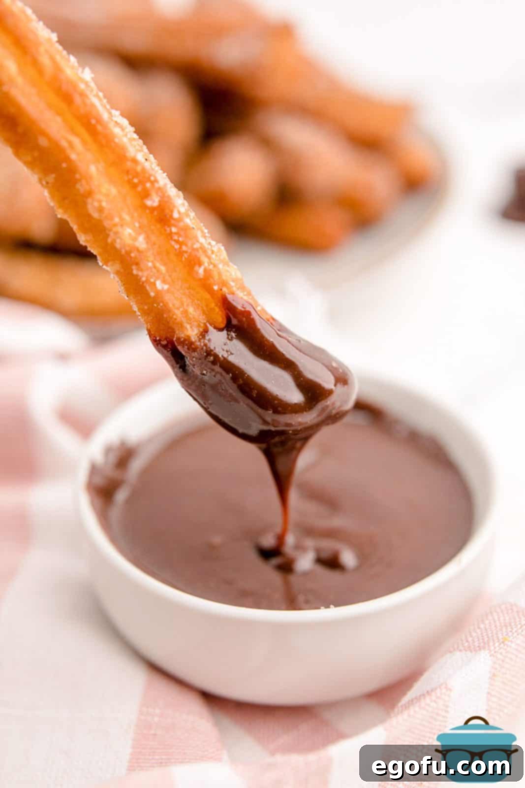 A single Homemade Churro with its end generously dipped into a rich, dark chocolate sauce, showcasing its golden texture.