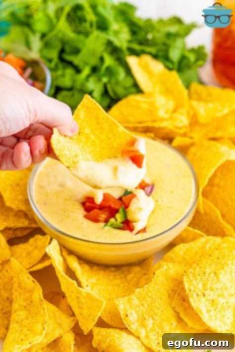 A chip being dipped into the finished Queso Dip.