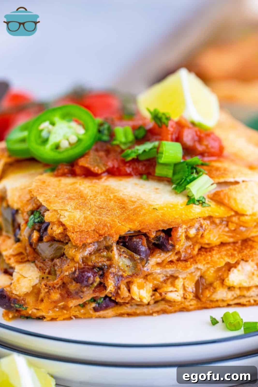 A close-up view of a slice of Sheet Pan Chicken Quesadilla on a plate, revealing the rich, cheesy, and flavorful filling inside.