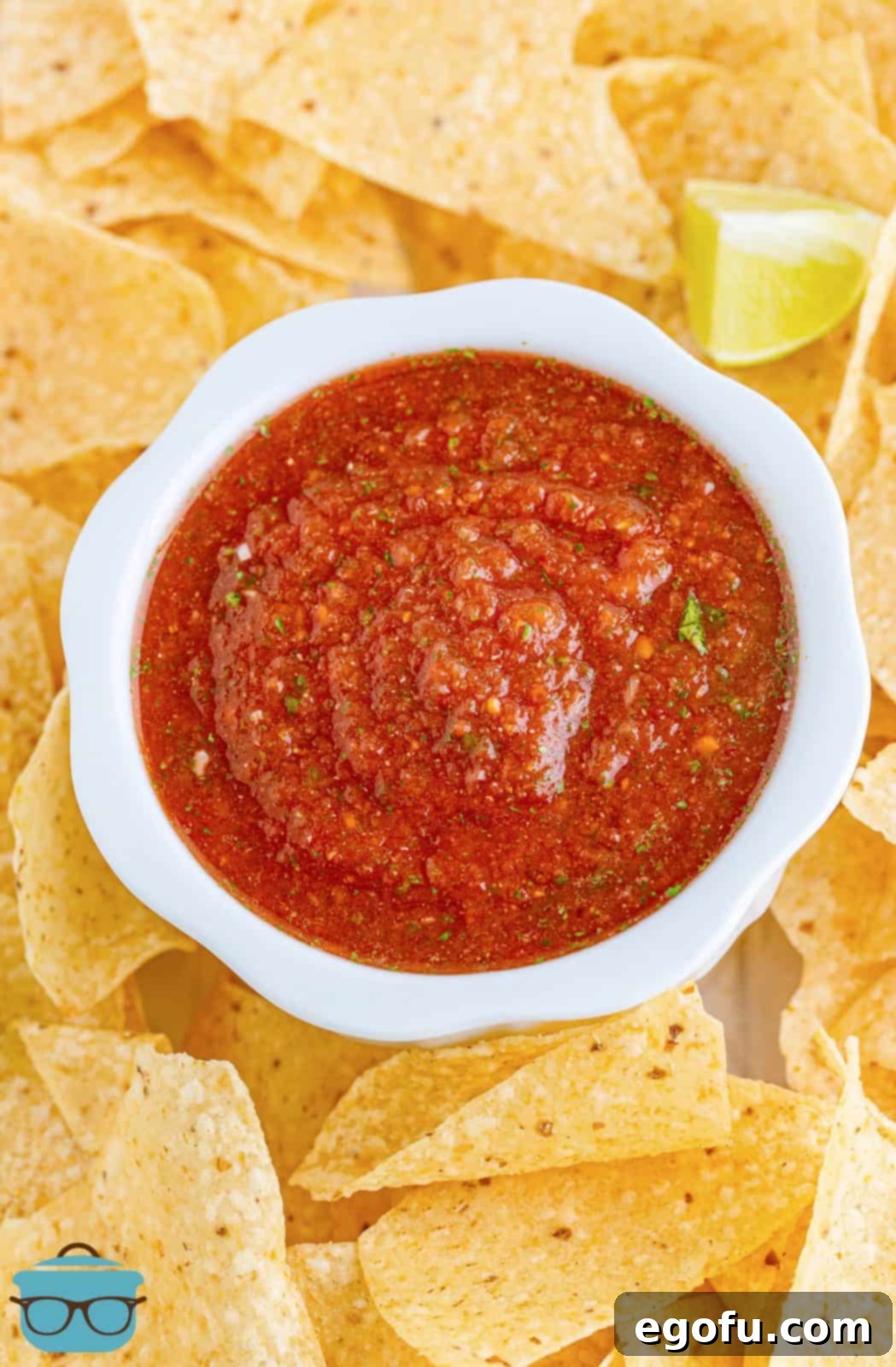 Effortless Blender Salsa 2 Overhead view of homemade Blender Salsa in a white bowl surrounded by tortilla chips, ready to be served.