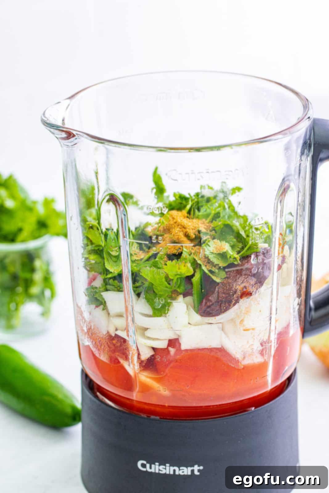 Effortless Blender Salsa 4 All ingredients for Blender Salsa precisely placed inside a clear blender jar, ready for blending.