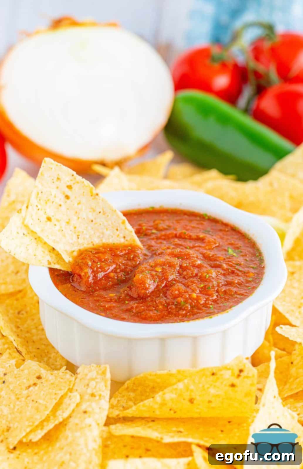 Effortless Blender Salsa 6 A bowl of freshly made Blender Salsa, with two tortilla chips partially submerged, showcasing its perfect consistency.