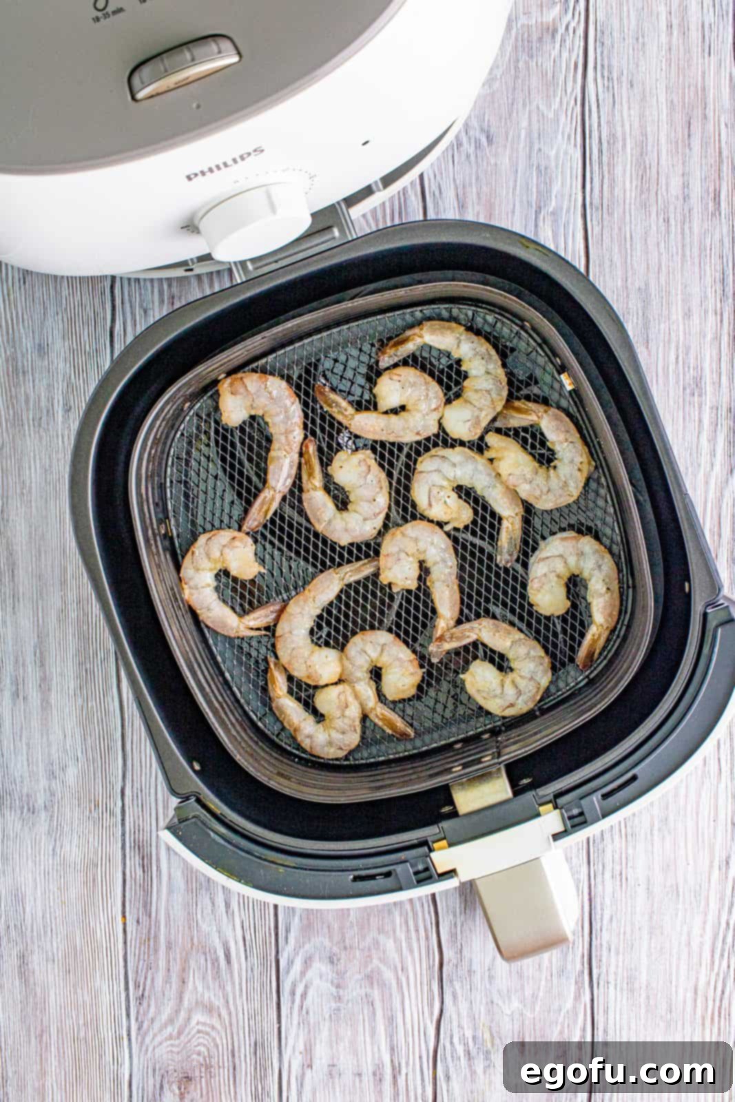Seasoned shrimp carefully placed in a single layer inside a preheated air fryer basket, ready to cook.