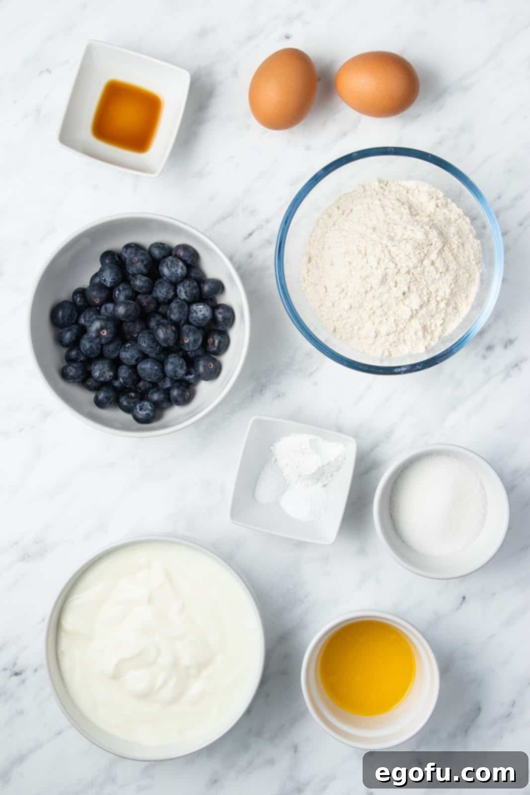 All the necessary ingredients for blueberry pancakes laid out on a surface: all-purpose flour, baking powder, baking soda, salt, buttermilk, eggs, melted butter, granulated sugar, vanilla extract, and fresh blueberries.