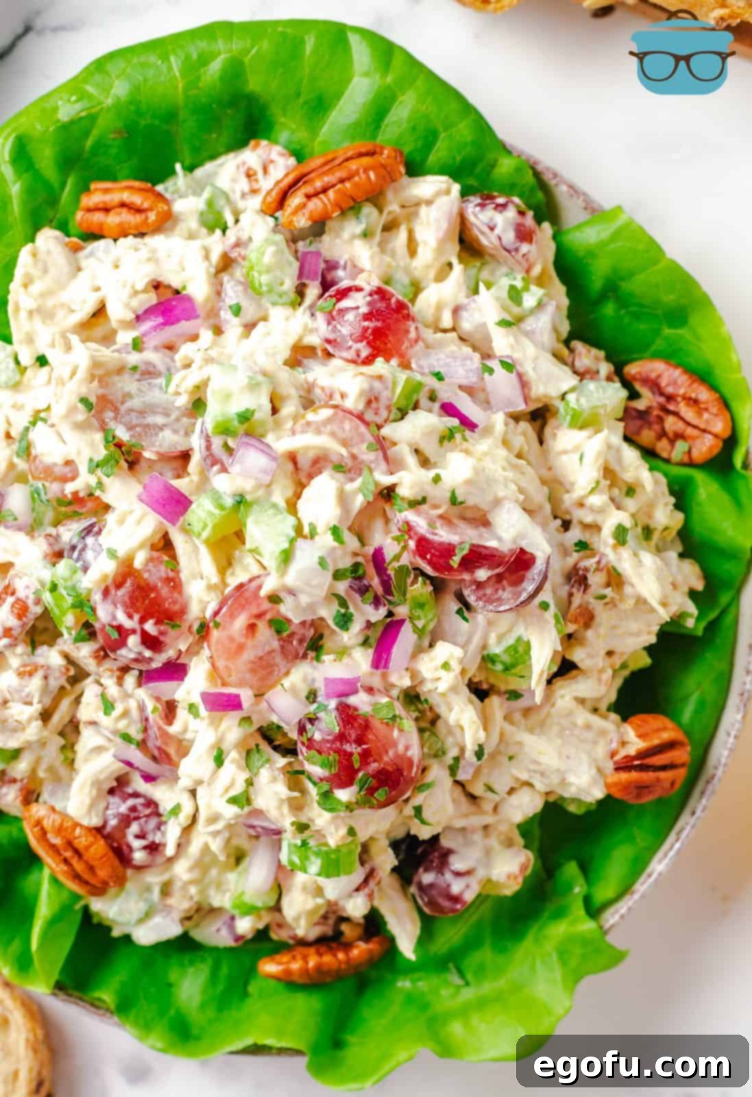 Overhead shot of a delicious Grape Chicken Salad on a bed of fresh lettuce, garnished with chopped pecans and herbs.