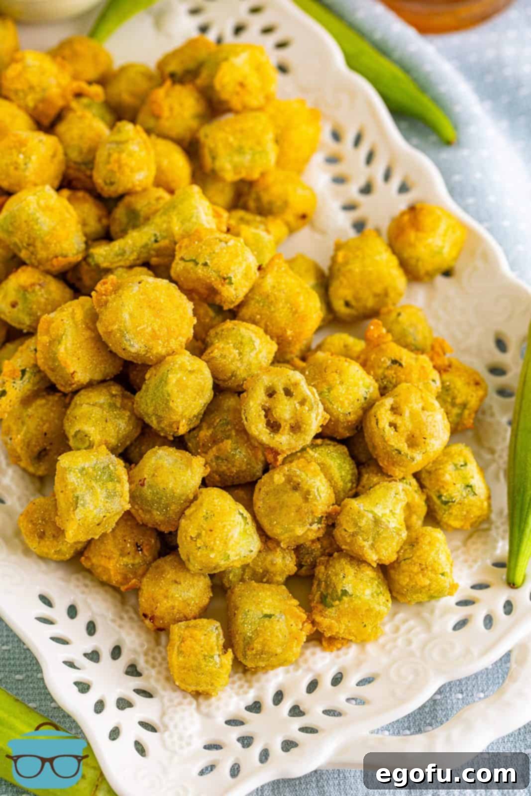 Soulful Crispy Okra 2 Overhead image of Fried Okra on white platter.