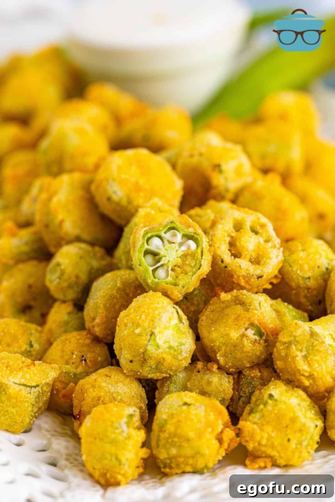 Soulful Crispy Okra 12 close up of Fried Okra with one cut in half showing the inside.