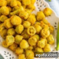 Soulful Crispy Okra 13 Square image of Fried Okra on white platter overhead.