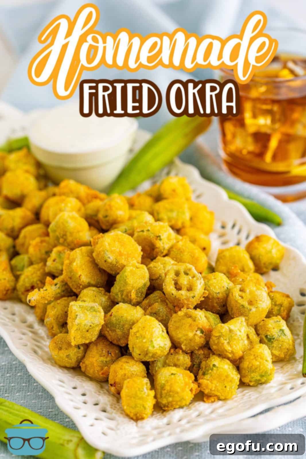 Soulful Crispy Okra 3 Pinterest image of Fried Okra on white platter with dipping sauce.