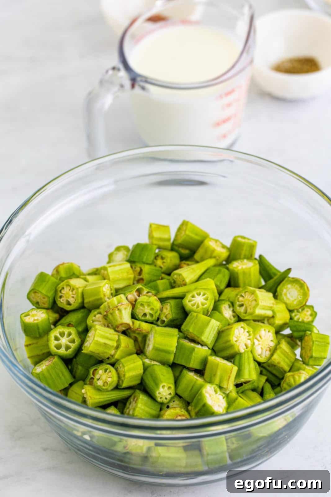 Soulful Crispy Okra 5 Cut okra in bowl.