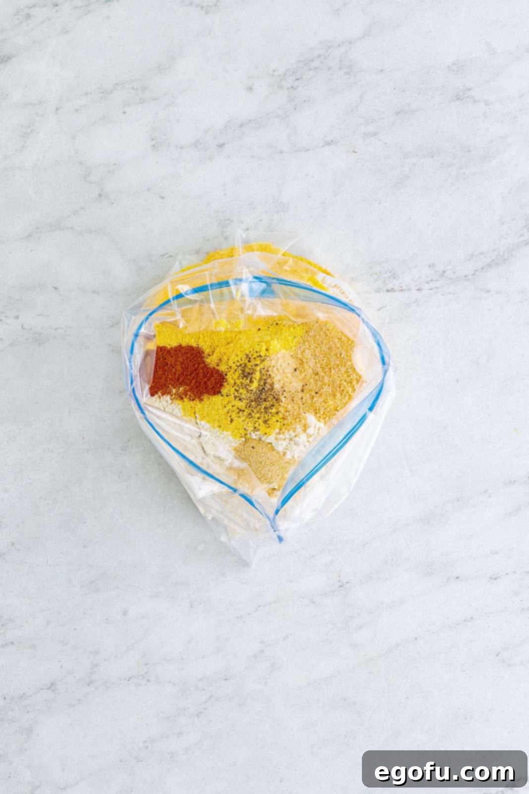 Soulful Crispy Okra 7 Flour, cornmeal, garlic salt, onion powder, paprika, and pepper added to ziptop bag.