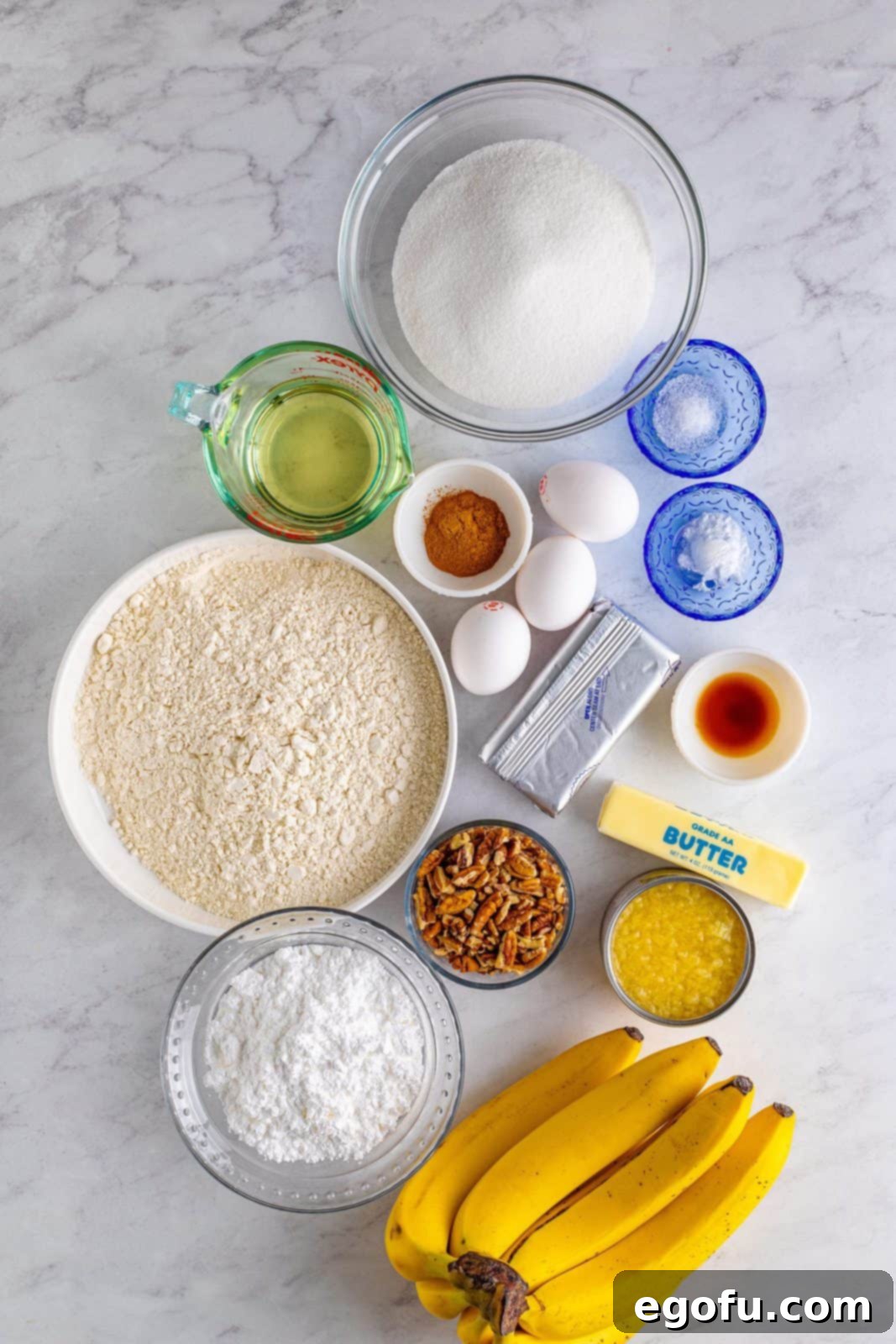 Southern Sunshine Cake 4 Ingredients needed: all-purpose flour, ground cinnamon, baking soda, salt, granulated sugar, vegetable oil, eggs, mashed banana, crushed pineapple, vanilla extract, pecans, cream cheese, salted butter and powdered sugar.