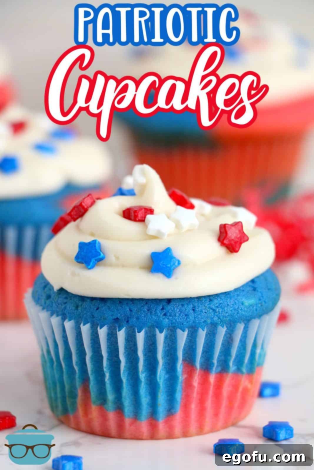 Pinterest image of finished and decorated Red, White and Blue Cupcakes.