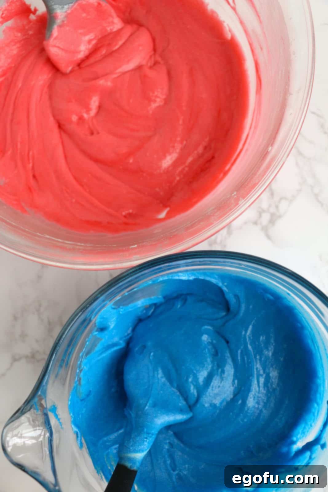 Batter split and colored red and blue.