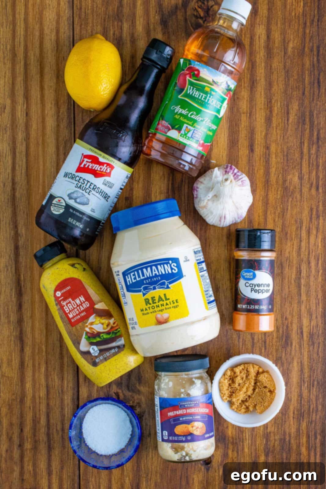 The South's Signature White BBQ 4 Ingredients needed: mayonnaise, apple cider vinegar, garlic, light brown sugar, spicy brown mustard, prepared horseradish, lemon juice, Worcestershire sauce, kosher salt and cayenne pepper.
