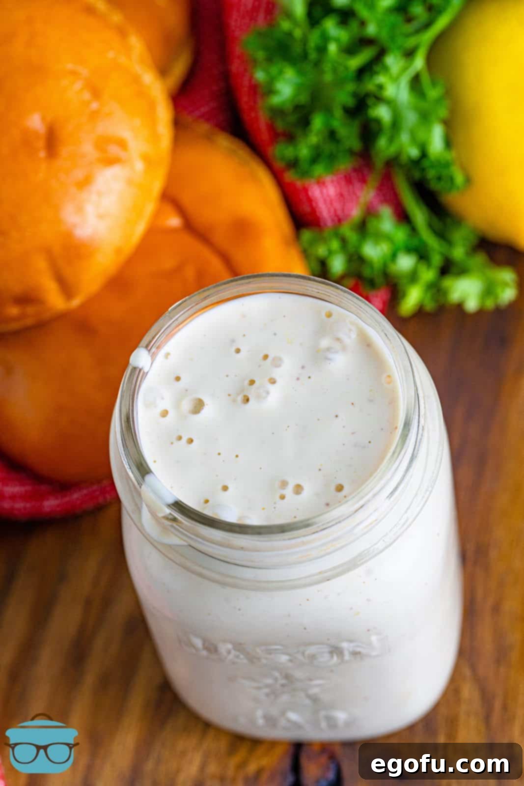 The South's Signature White BBQ 6 Overhead photo of Alabama White Sauce in mason jar.