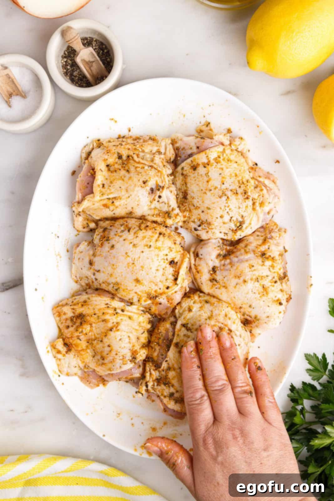 Crispy Lemon Pepper Air Fryer Chicken Thighs 11 A hand thoroughly rubbing the spice mixture onto chicken thighs.