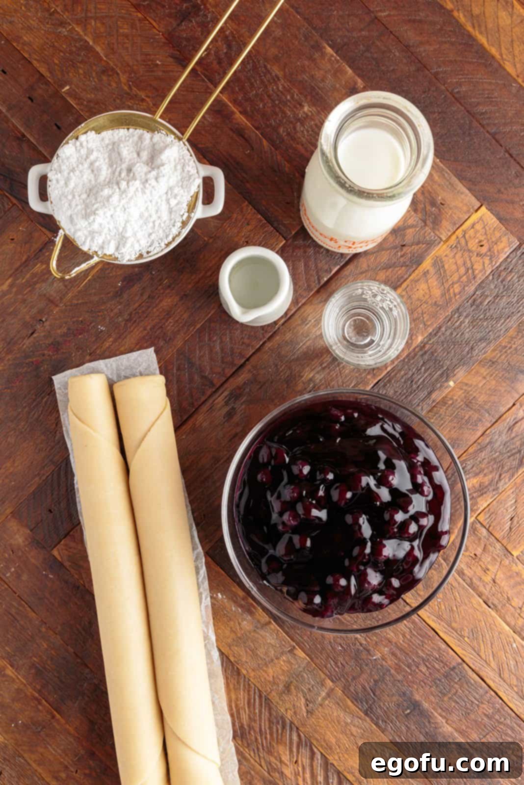 Ingredients needed: blueberry pie filling, refrigerated pie crust, water, powdered sugar, whole milk and light corn syrup.