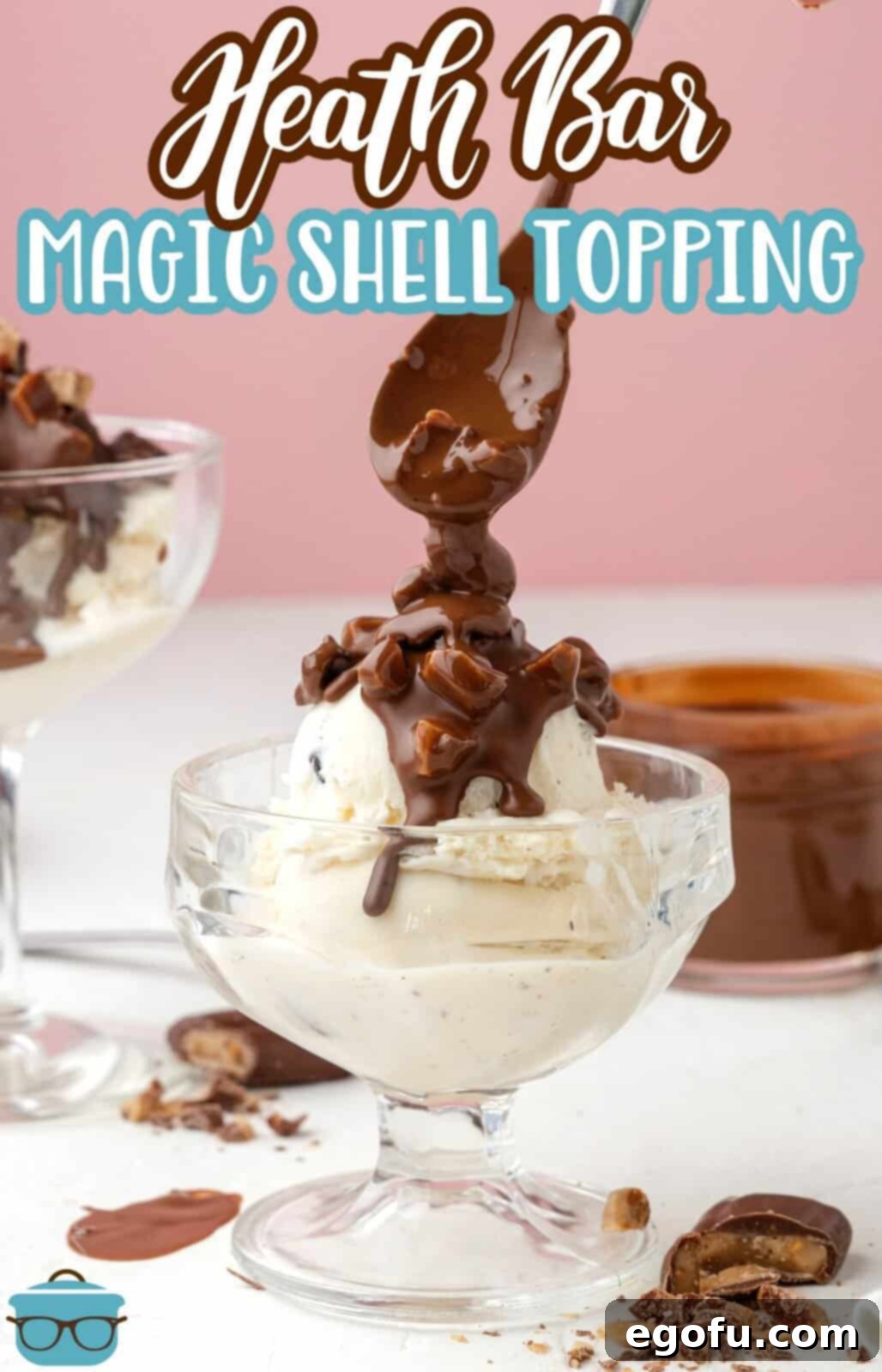 A spoon meticulously drizzling Heath Bar Magic Shell over a scoop of vanilla ice cream in a clear glass cup, showcasing the immediate hardening effect and inviting texture.