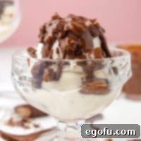 A square close-up image of Heath Bar Magic Shell generously poured over ice cream in a parfait cup, highlighting the crispy texture and delicious appearance.
