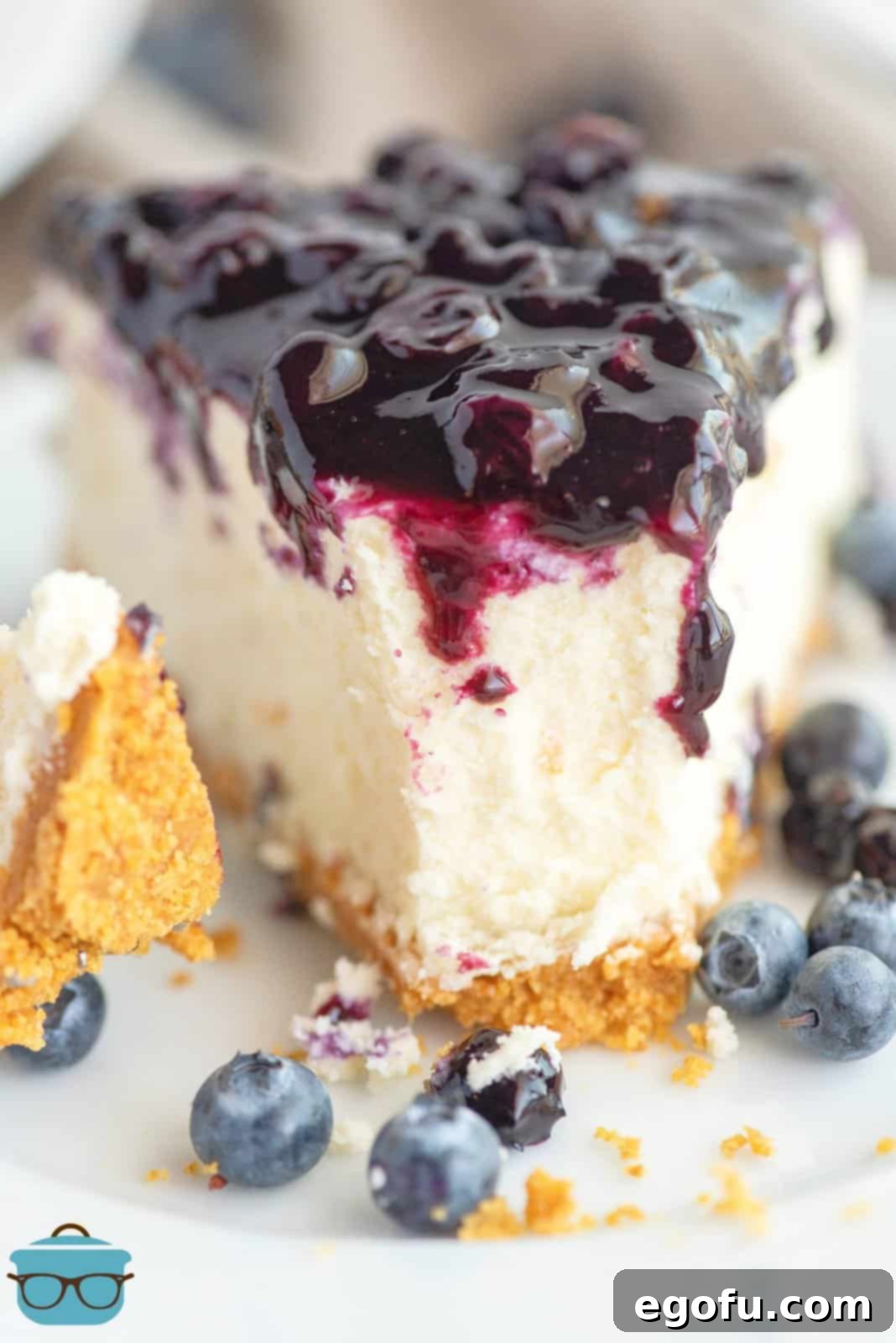 Blueberry Cheesecake on white plate with bite taken out of slice of cheesecake.