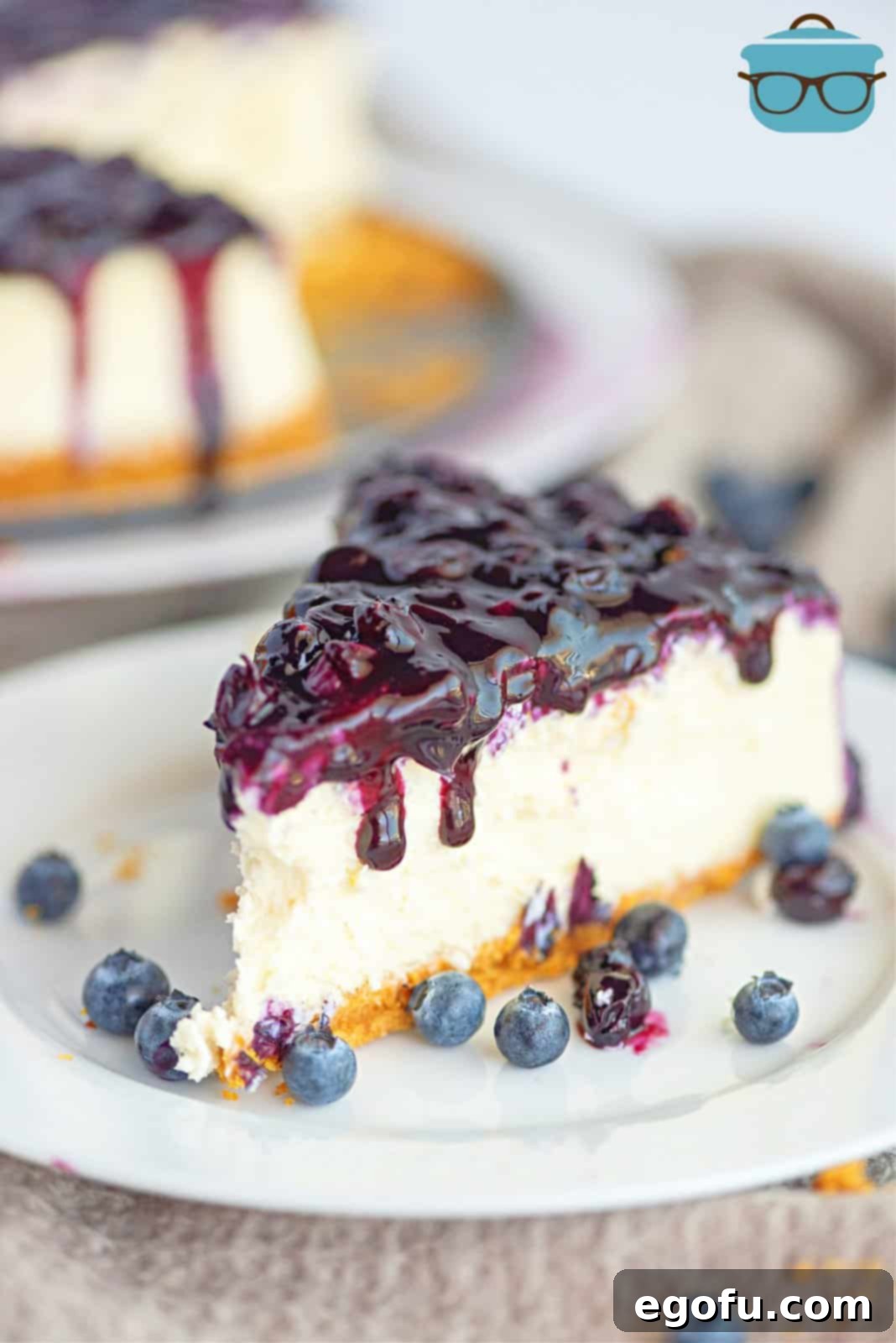 Slice of Blueberry Cheesecake on white plate covered with blueberry sauce.