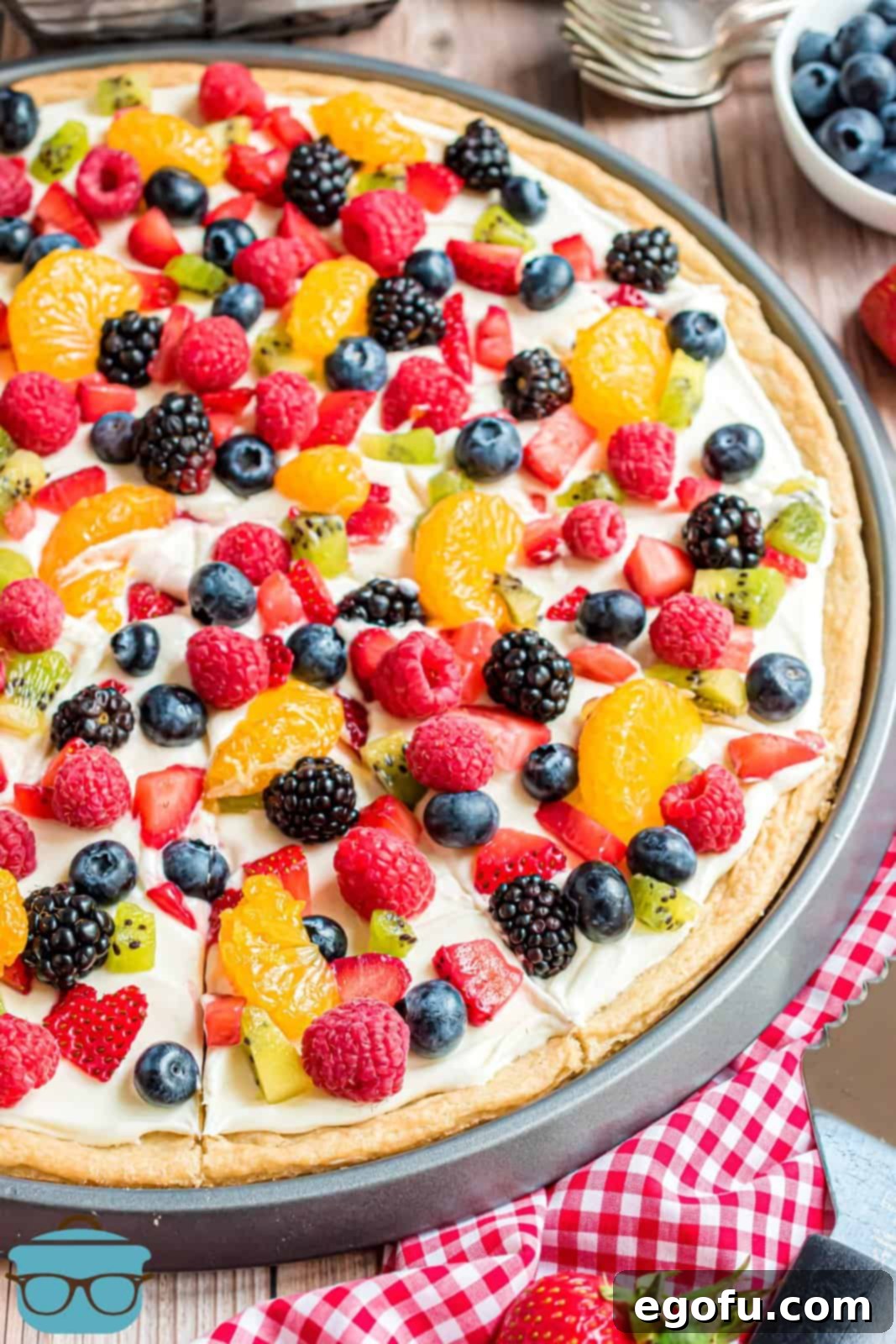 Close up side of Homemade Fruit Pizza in pan.