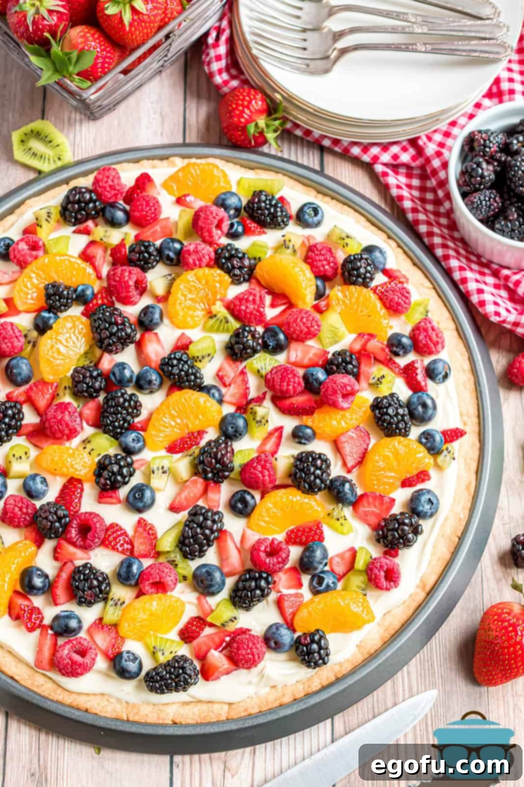 Overhead of decorated Homemade Fruit Pizza in pan.