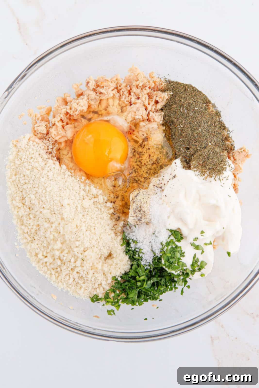 Crispy Air-Fried Salmon Cakes 6 All ingredients placed in bowl.