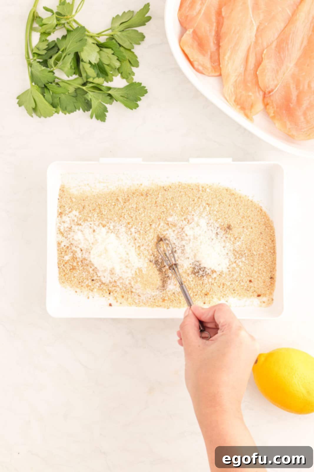 Breadcrumbs being mixed together with spices and cheese.