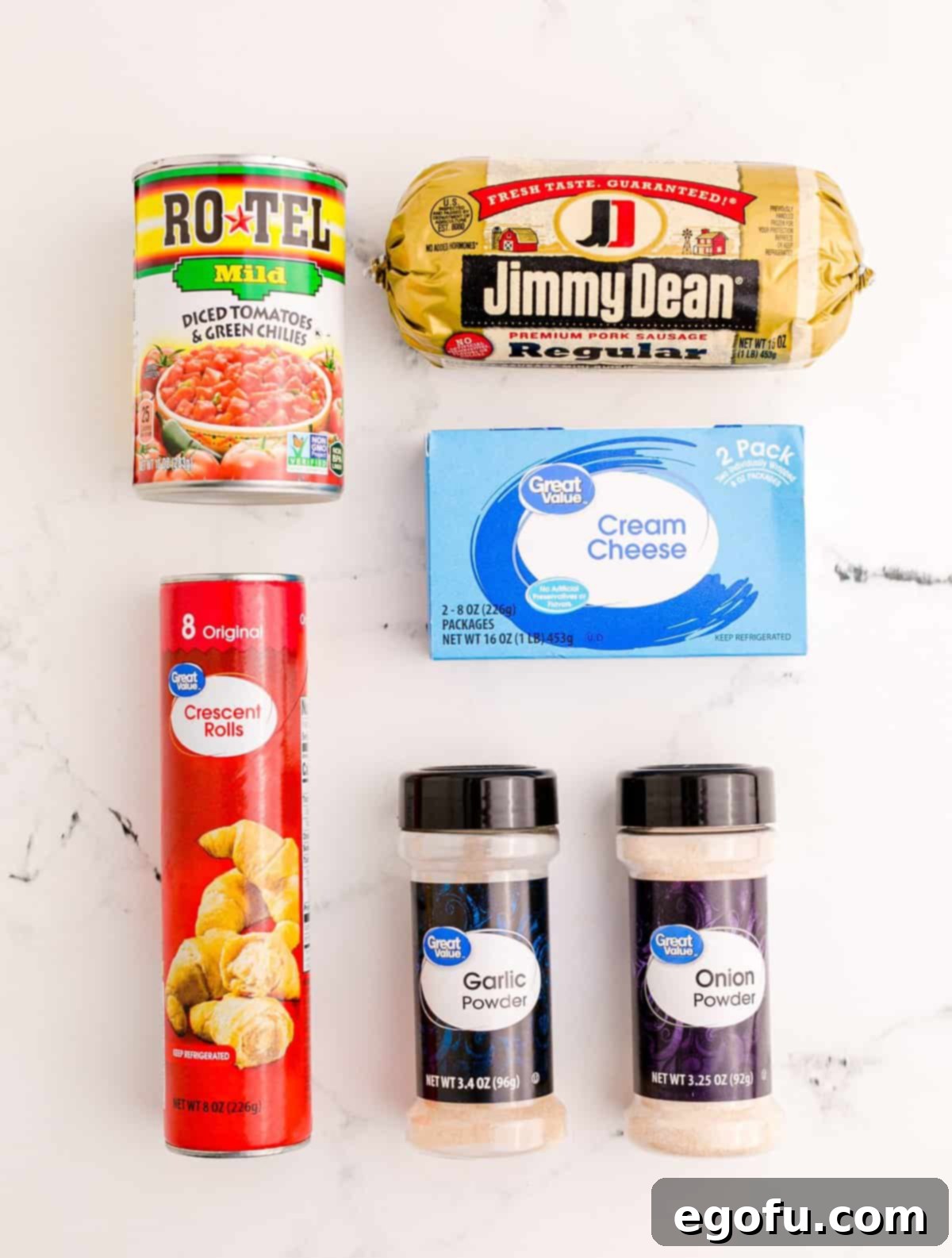 Ingredients needed: crescent rolls, breakfast sausage, cream cheese, rotel, garlic powder and onion powder.