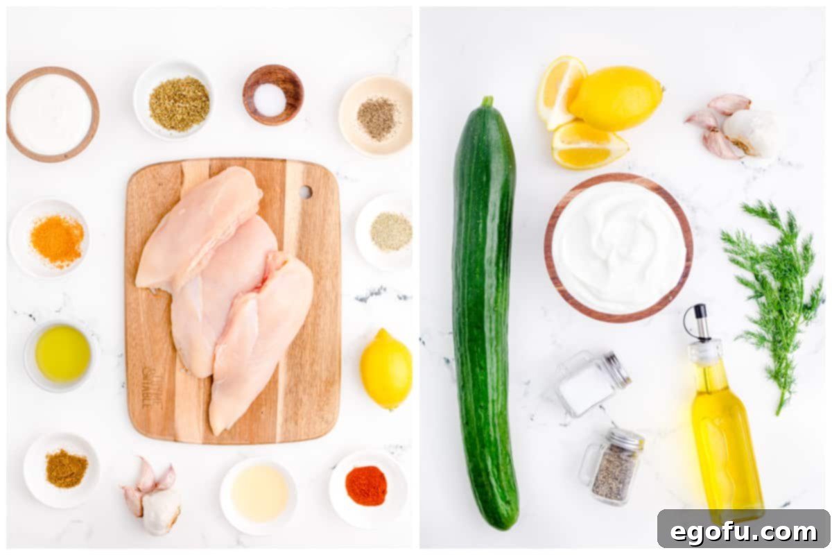 Ingredients for Greek Chicken Gyros including chicken breasts, garlic, apple cider vinegar, lemon juice, olive oil, Greek yogurt, oregano, cumin, paprika, salt, pepper, seasoned salt, Greek seasoning, pita wraps, English cucumber, and fresh dill.