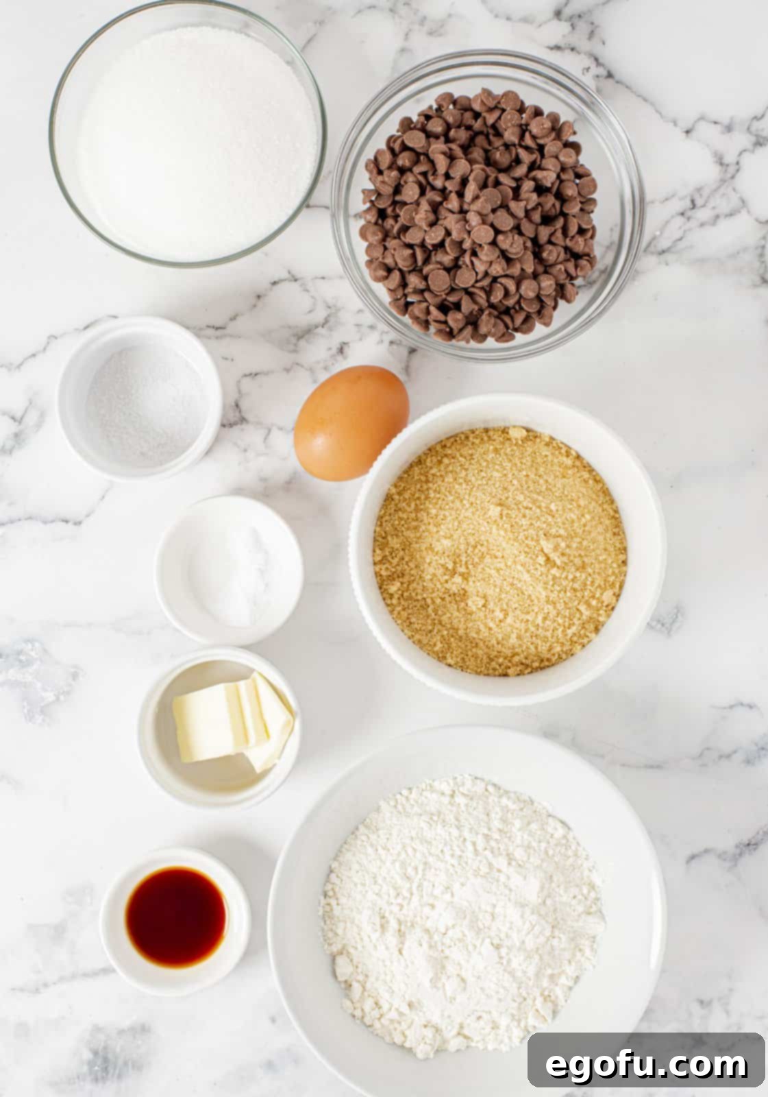A curated display of all the essential ingredients: softened unsalted butter, granulated sugar, brown sugar, vanilla extract, a large egg, all-purpose flour, baking soda, salt, and milk chocolate chips.