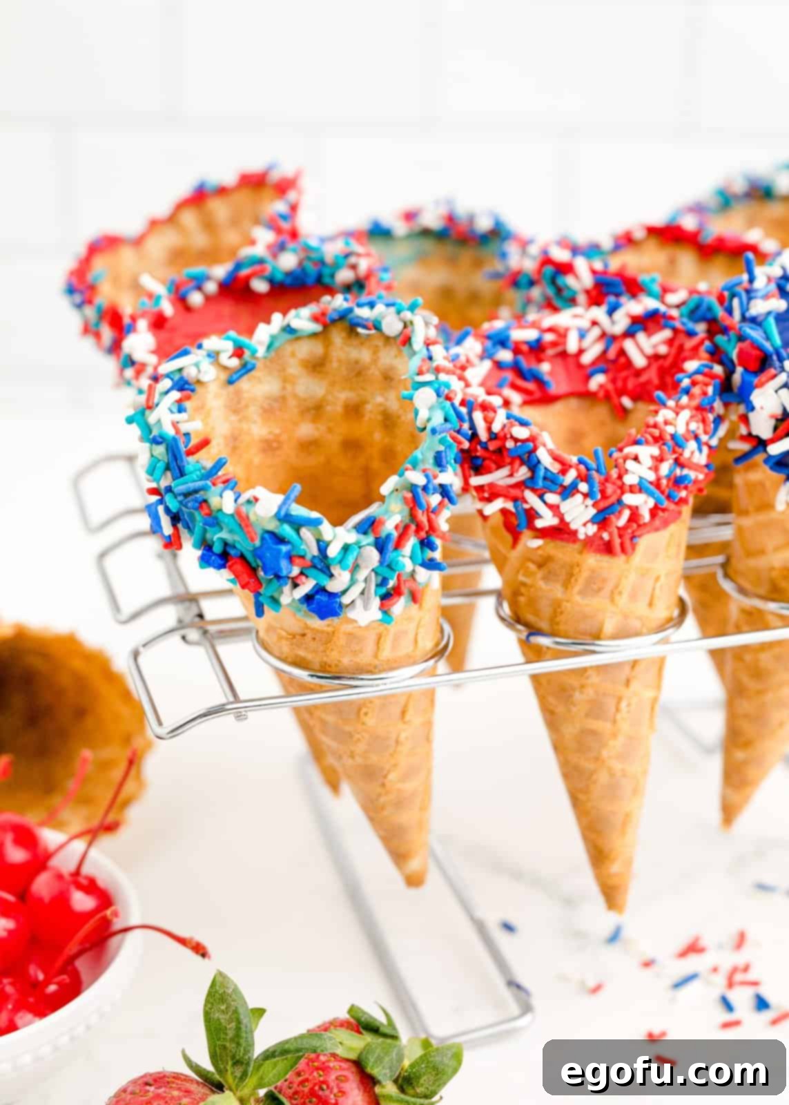 Waffles cones drying in cone holder.