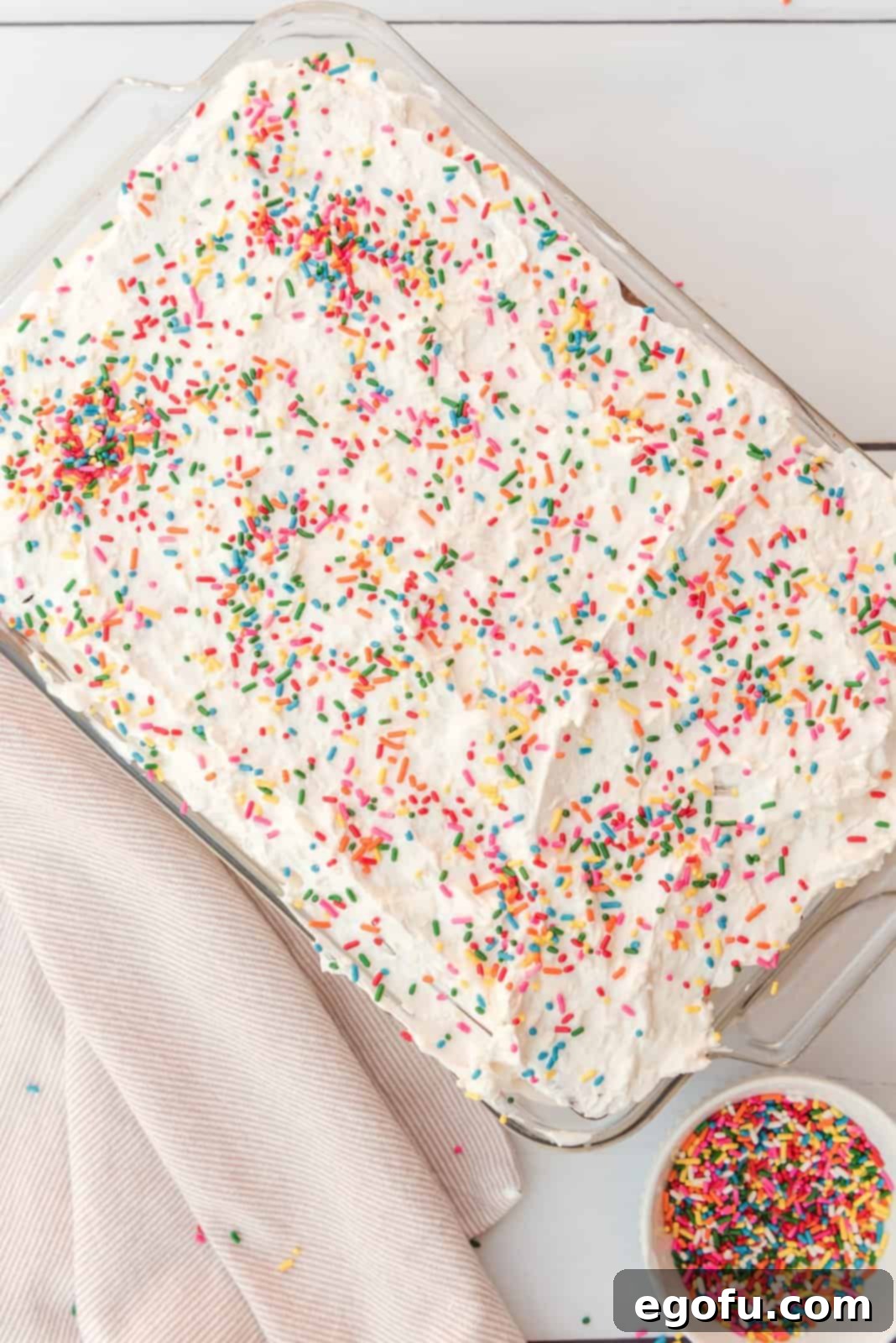 Finished cake with sprinkles added to the top.