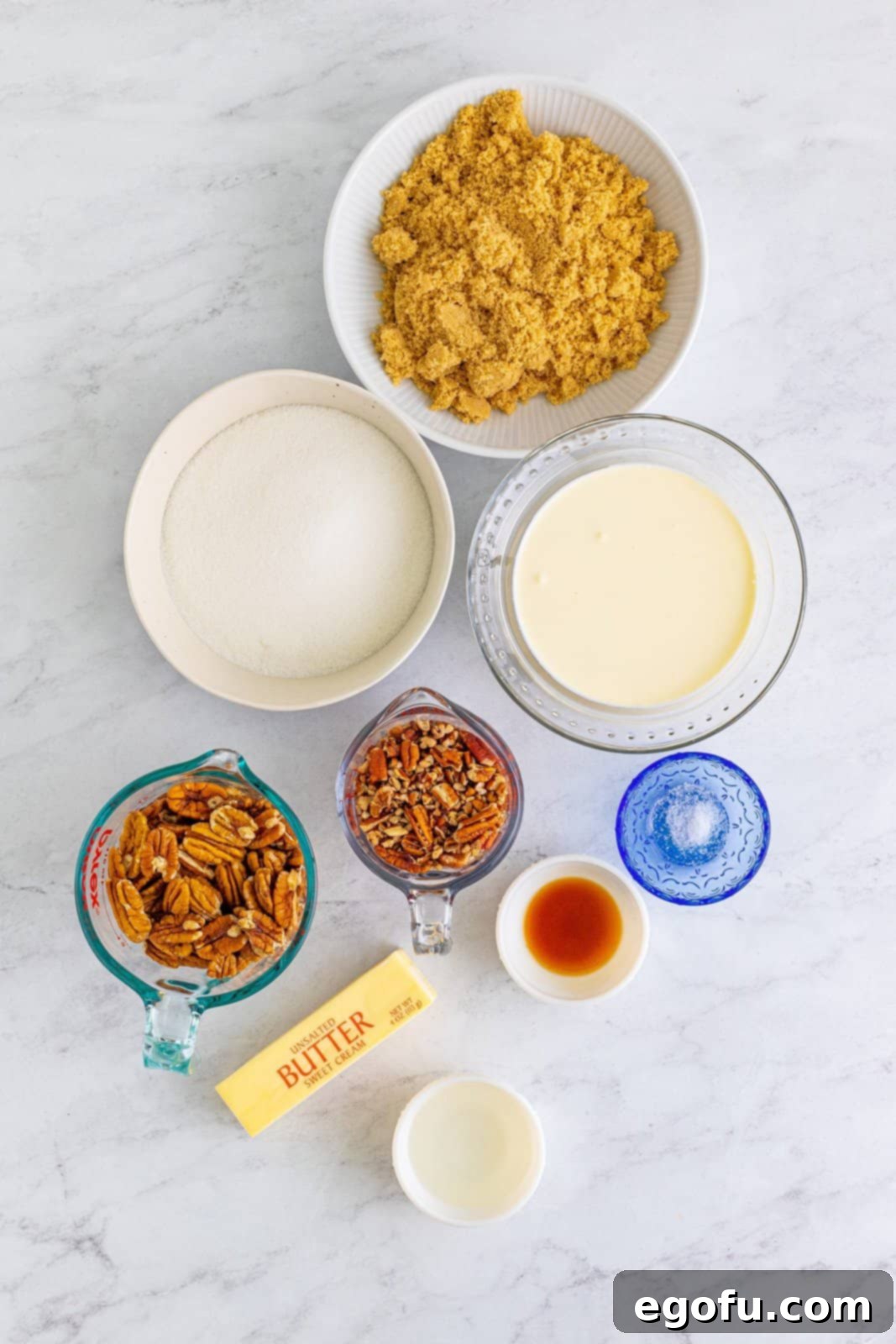 Decadent Southern Pecan Pralines 4 Ingredients needed: unsalted butter, granulated sugar, light brown sugar, heavy cream, light corn syrup, fine sea salt, pecan halves, chopped pecans and vanilla extract.