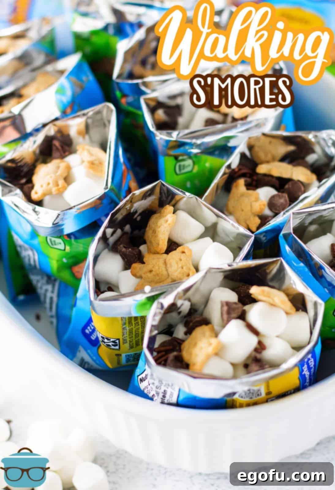 On the Go Smores 3 Pinterest image of inside of bags filled with ingredients for the Walking S'mores.