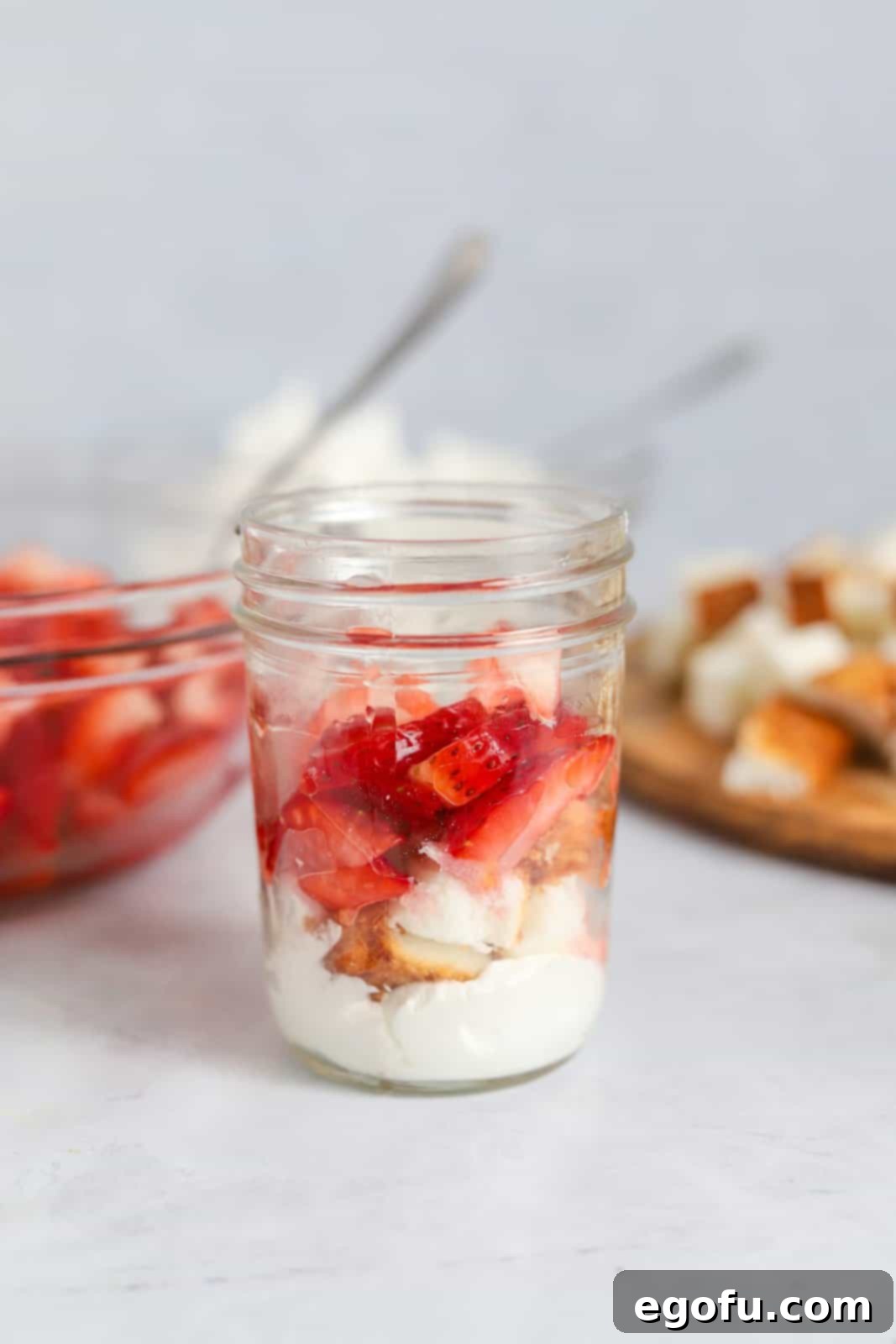 Strawberry Shortcake Jar Delights 10 Strawberries added to top of angel food cake.