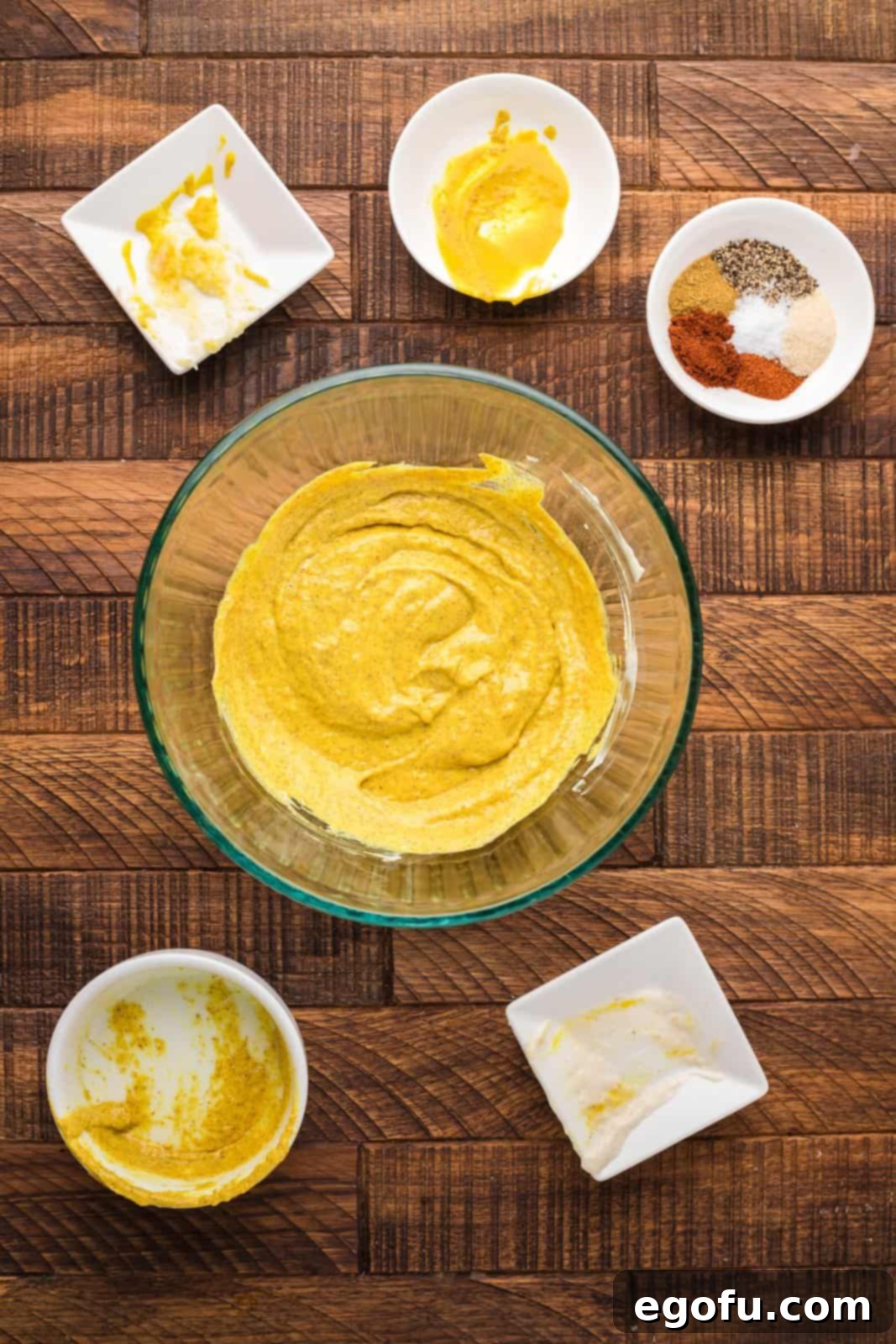 Pitmaster's Smoked Rump 5 A small bowl holding a creamy mixture of various mustards and garlic paste, ready to be brushed onto the roast.
