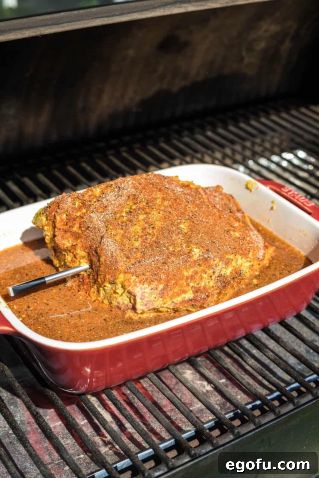 Pitmaster's Smoked Rump 10 The pan with the rump roast now sitting inside the smoker, actively smoking.